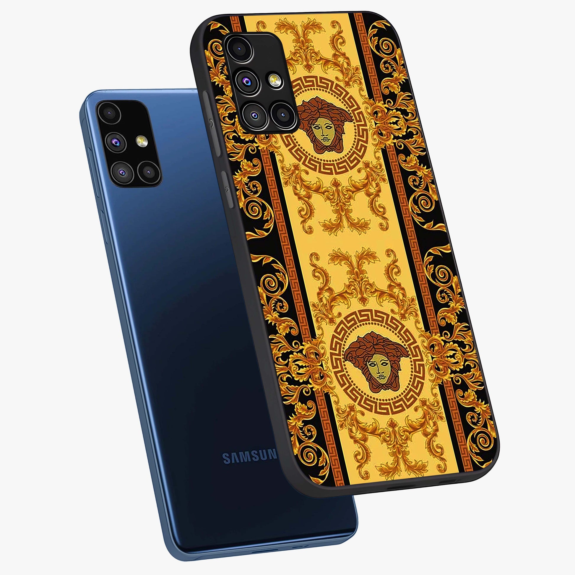 Golden Lotus Glow Glass Case displayed in angled mockup highlighting radiant lotus illustration with spiritual aesthetic.
