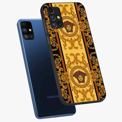 Golden Lotus Glow Glass Case displayed in angled mockup highlighting radiant lotus illustration with spiritual aesthetic.