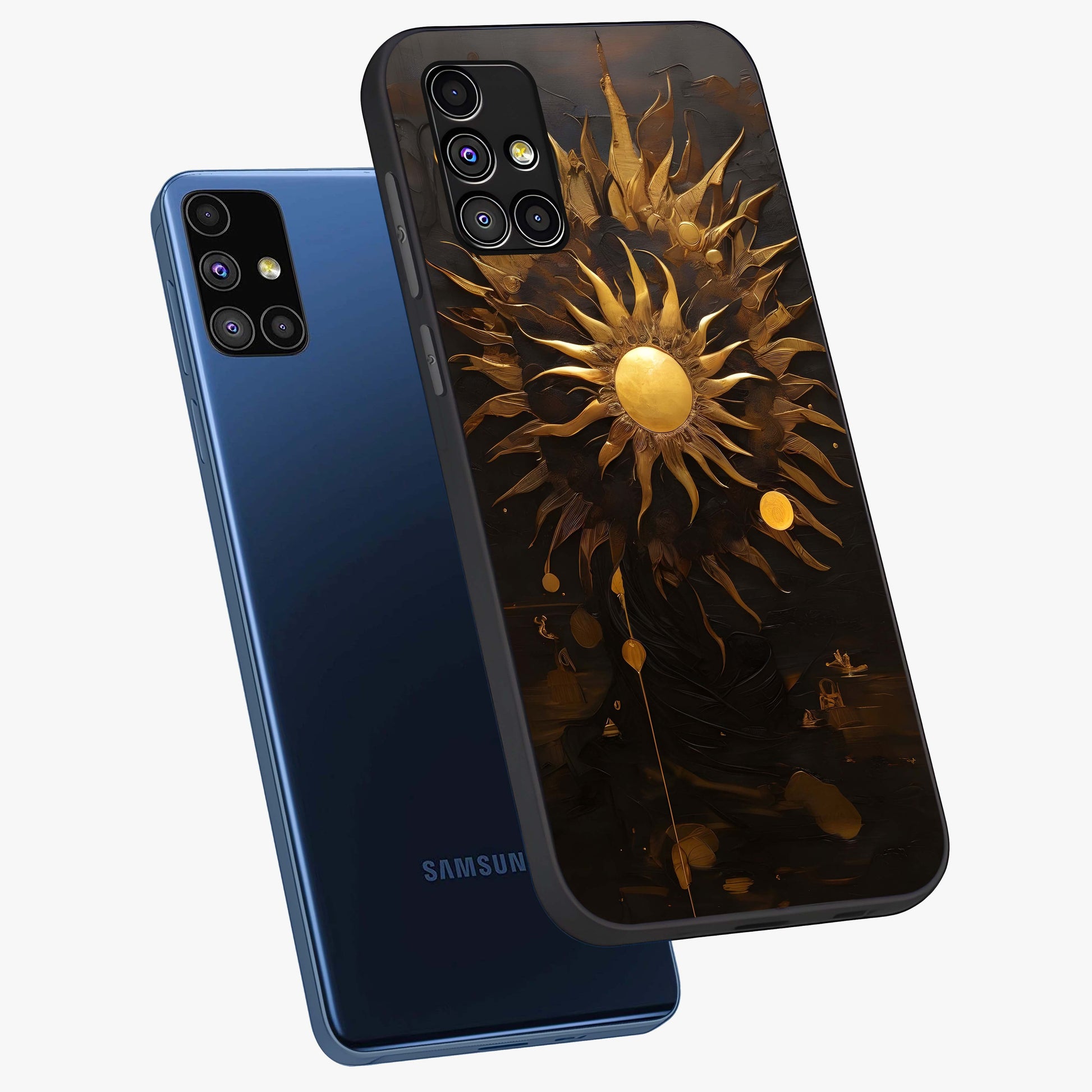 Golden Sun Majesty Glass Case displayed in angled mockup highlighting eerie shadow illustration with gothic aesthetic.