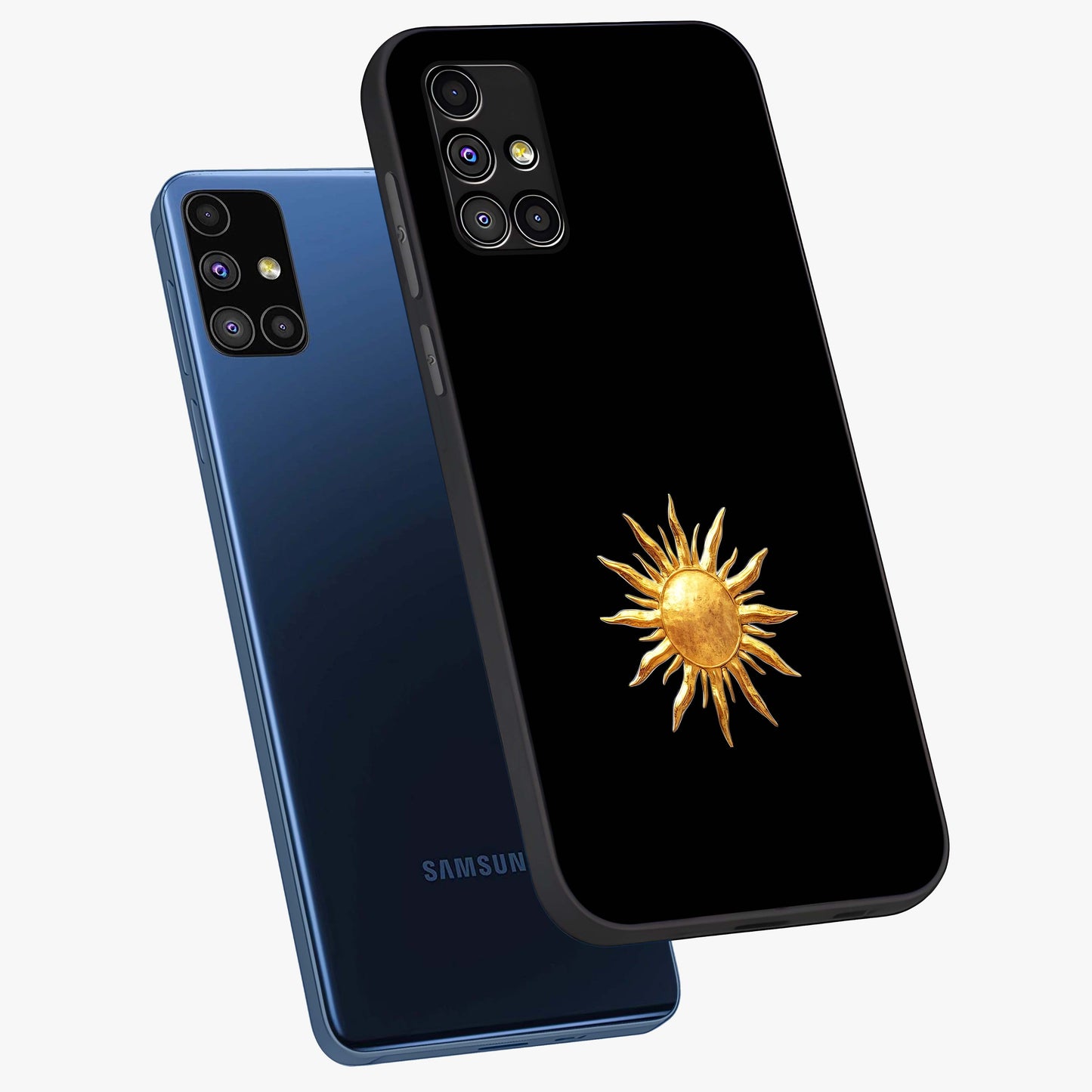 Golden Sun Minimalism Glass Case displayed in angled mockup highlighting eerie shadow illustration with gothic aesthetic.