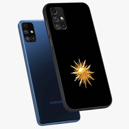 Golden Sun Minimalism Glass Case displayed in angled mockup highlighting eerie shadow illustration with gothic aesthetic.