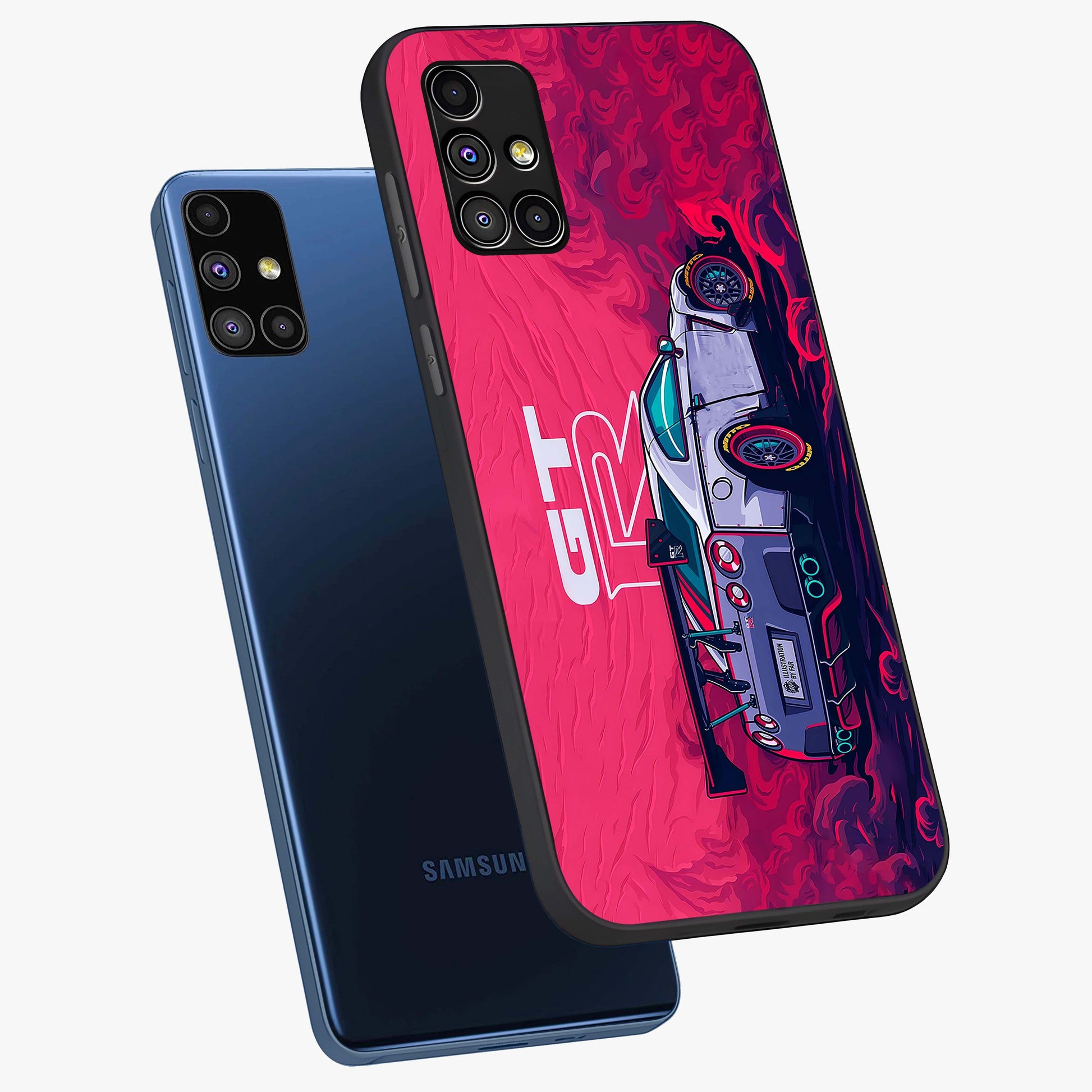GT-R Car Pattern Glass Case displayed in angled mockup highlighting racing car graphic design with bold automotive aesthetic.