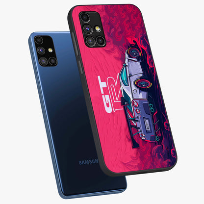 GT-R Car Pattern Glass Case displayed in angled mockup highlighting racing car graphic design with bold automotive aesthetic.