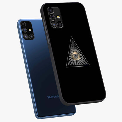 Illuminati Evil Glass Case displayed in angled mockup highlighting dark occult inspired design with bold aesthetic style.