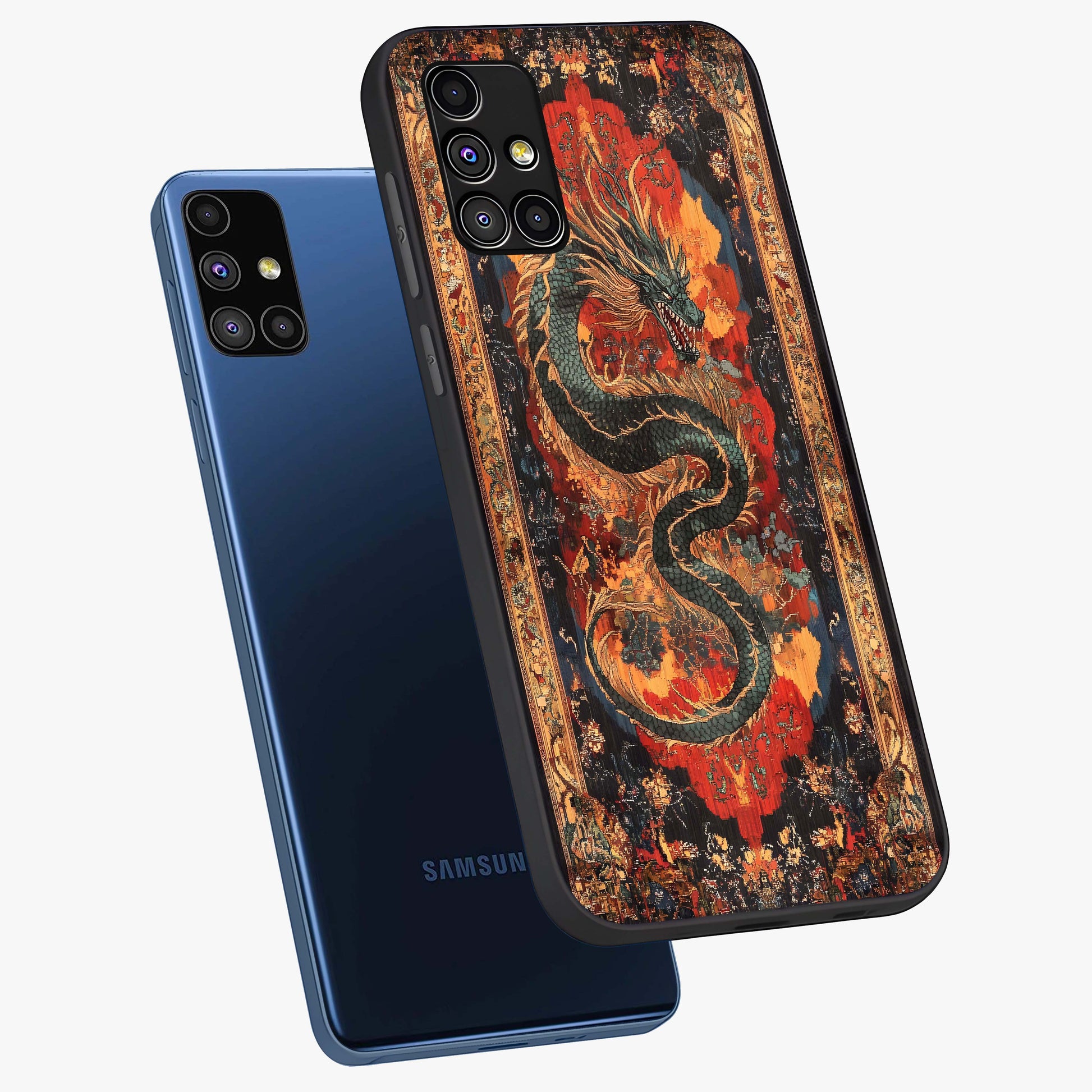 Inferno Dragon Soul Glass Case displayed in angled mockup highlighting powerful dragon illustration with inferno aesthetic.