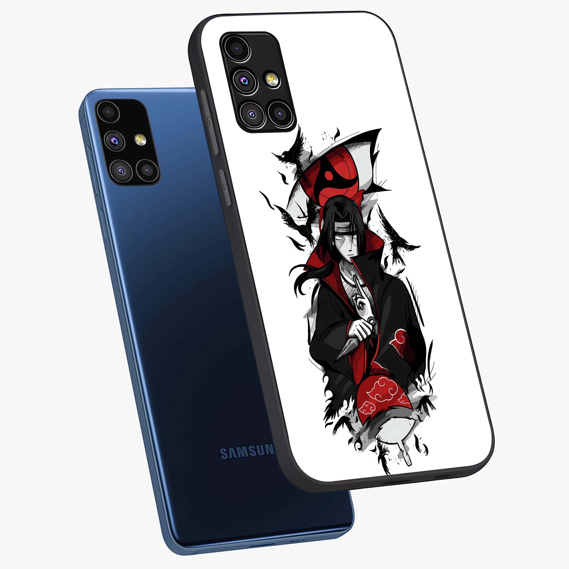 Itachi Limited Edition Naruto Anime Glass Case displayed in angled mockup highlighting dramatic anime illustration with bold action aesthetic.