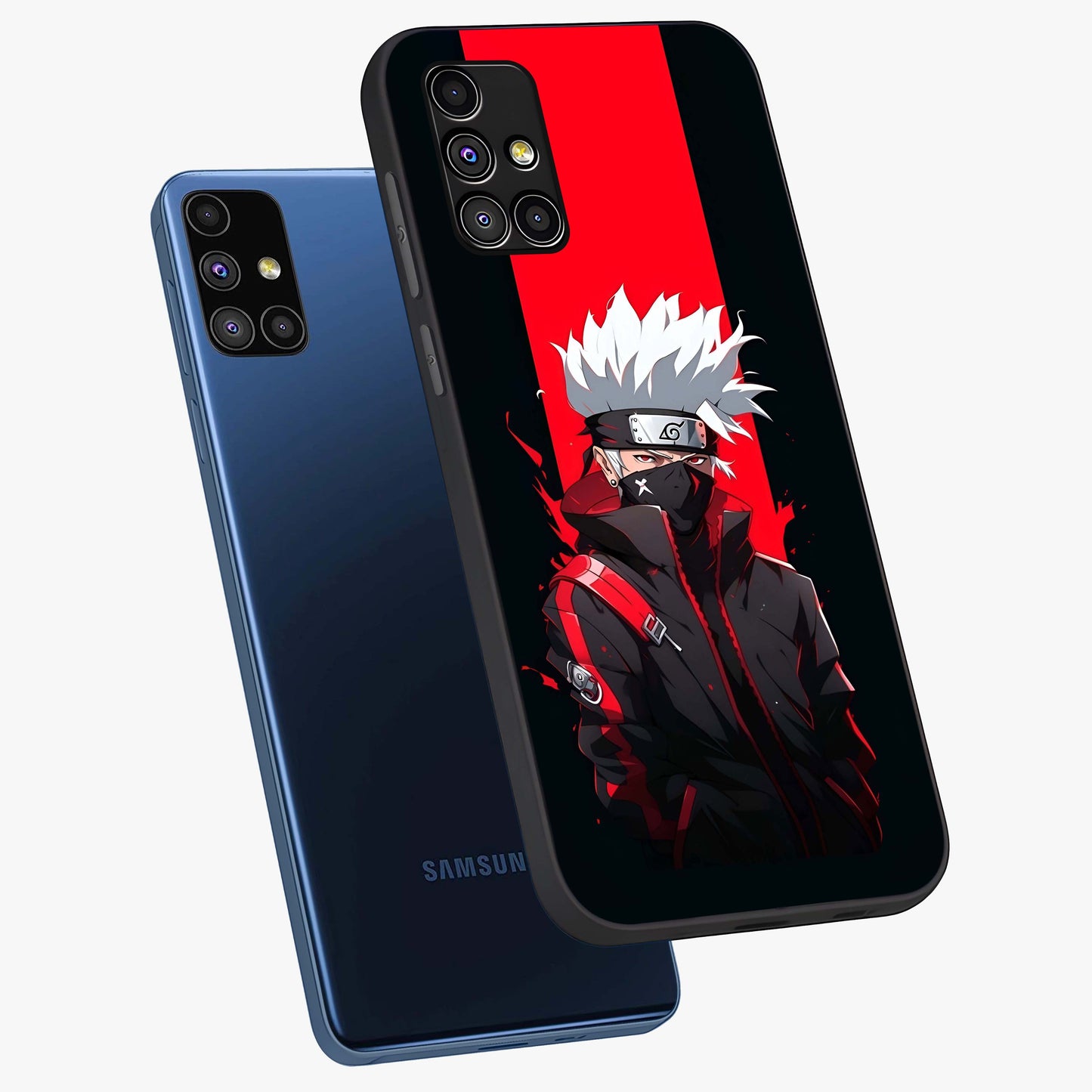 Kakashi Scarlet Shadow Glass Case displayed in angled mockup highlighting dramatic ninja illustration with scarlet themed aesthetic.