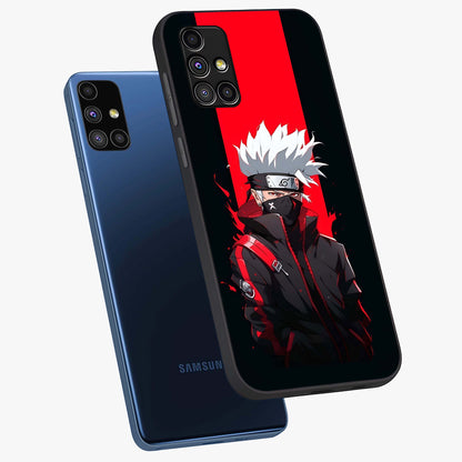 Kakashi Scarlet Shadow Glass Case displayed in angled mockup highlighting dramatic ninja illustration with scarlet themed aesthetic.