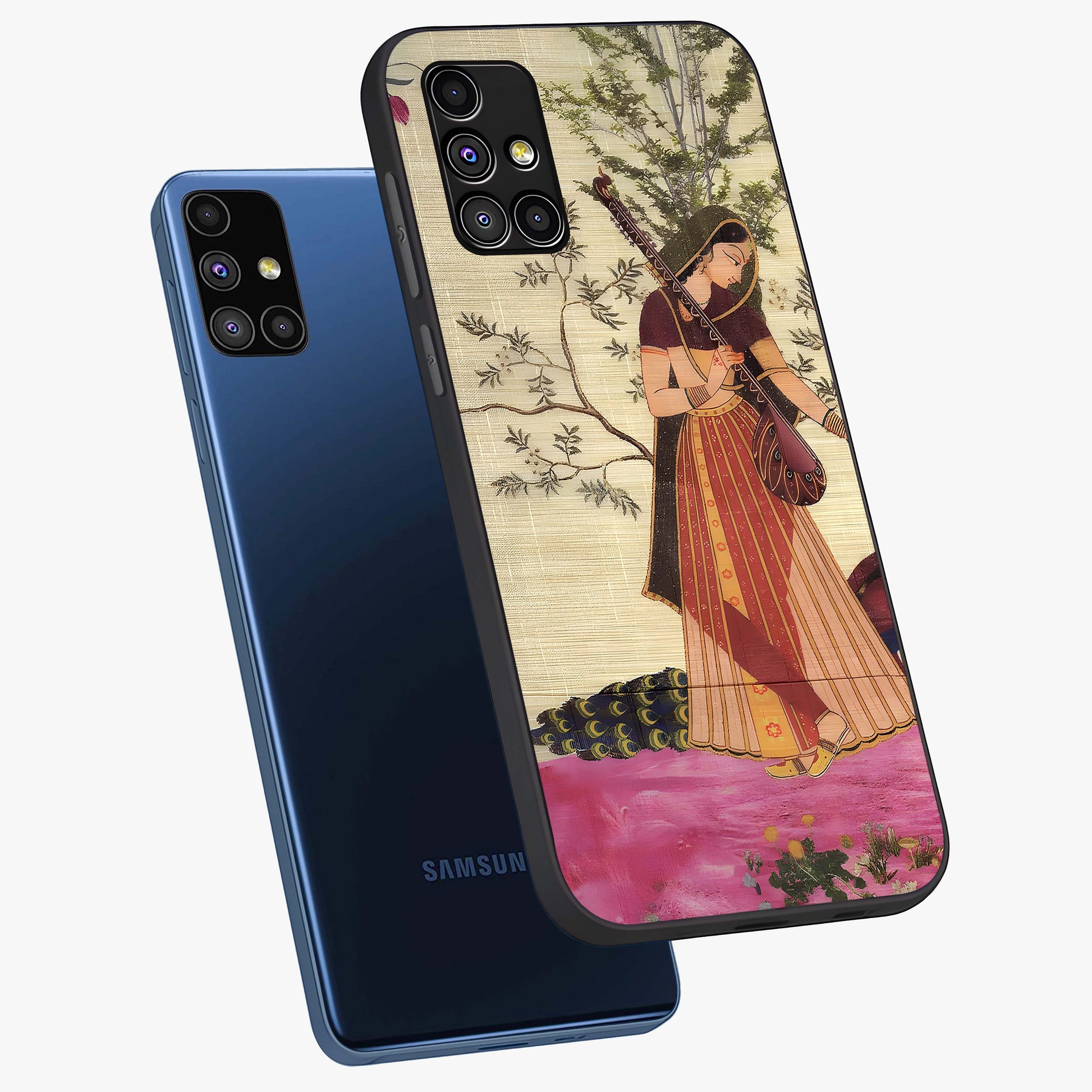 Lady With Veena Art Glass Case displayed in angled mockup highlighting graceful musical illustration with cultural artistic aesthetic.