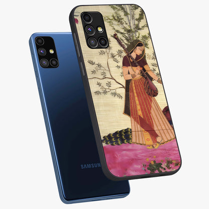 Lady With Veena Art Glass Case displayed in angled mockup highlighting graceful musical illustration with cultural artistic aesthetic.