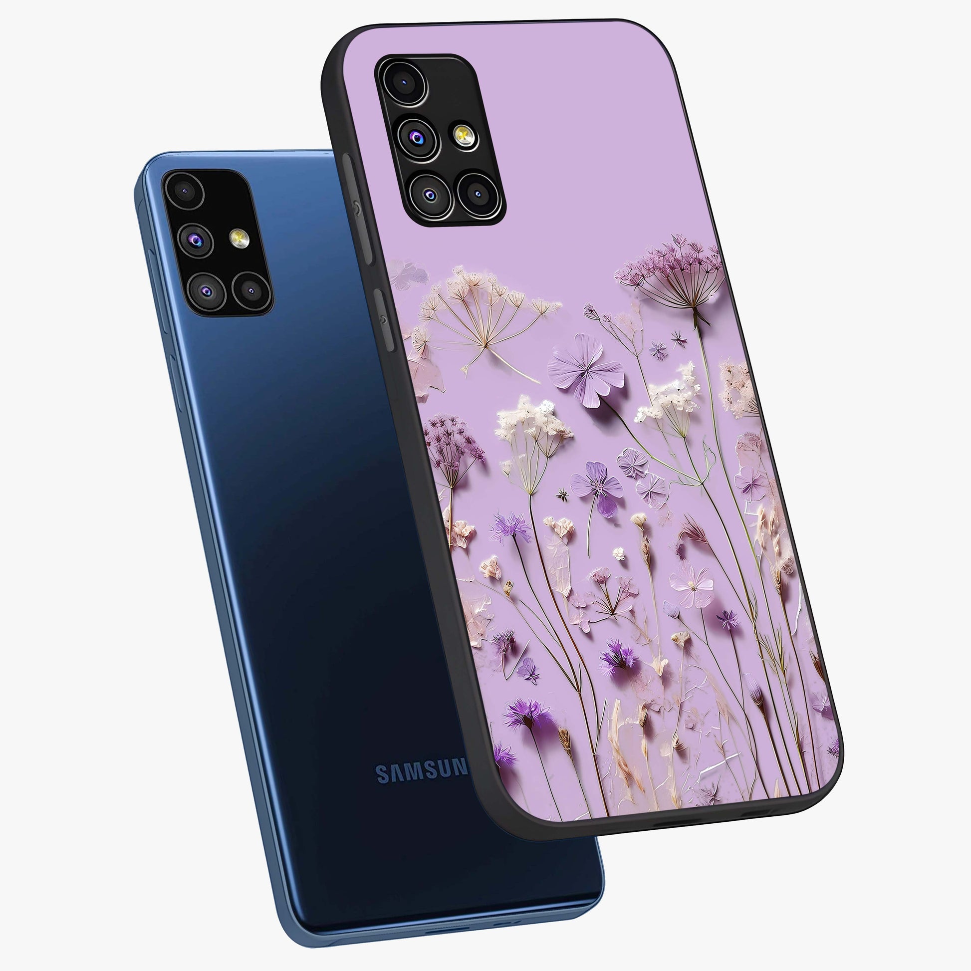 Lavender Blossom Dream Glass Case displayed in angled mockup highlighting dreamy lavender flower design with calming aesthetic style.