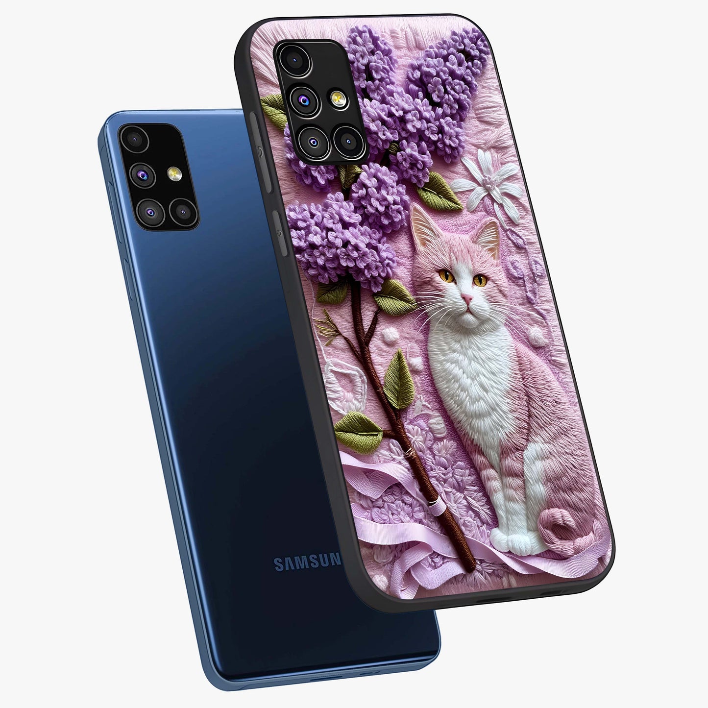 Lavender Cat Whimsy Glass Case displayed in angled mockup highlighting playful feline illustration with pastel lavender aesthetic.