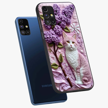 Lavender Cat Whimsy Glass Case displayed in angled mockup highlighting playful feline illustration with pastel lavender aesthetic.