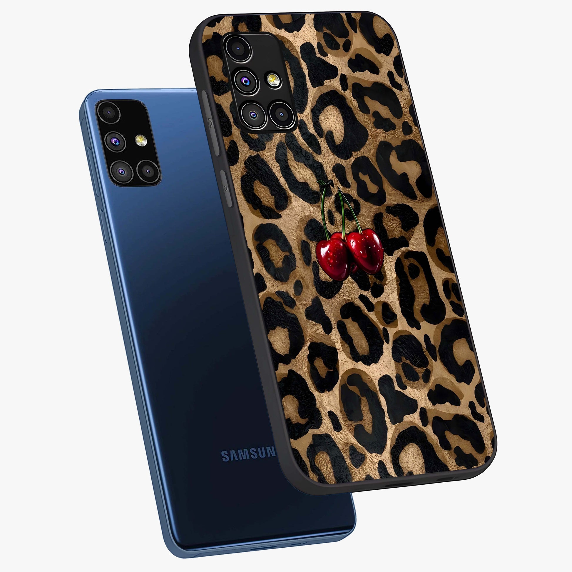 Leopard Wild Cherry Glass Case displayed in angled mockup highlighting bold animal print design with playful cherry aesthetic.