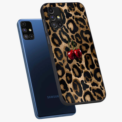 Leopard Wild Cherry Glass Case displayed in angled mockup highlighting bold animal print design with playful cherry aesthetic.