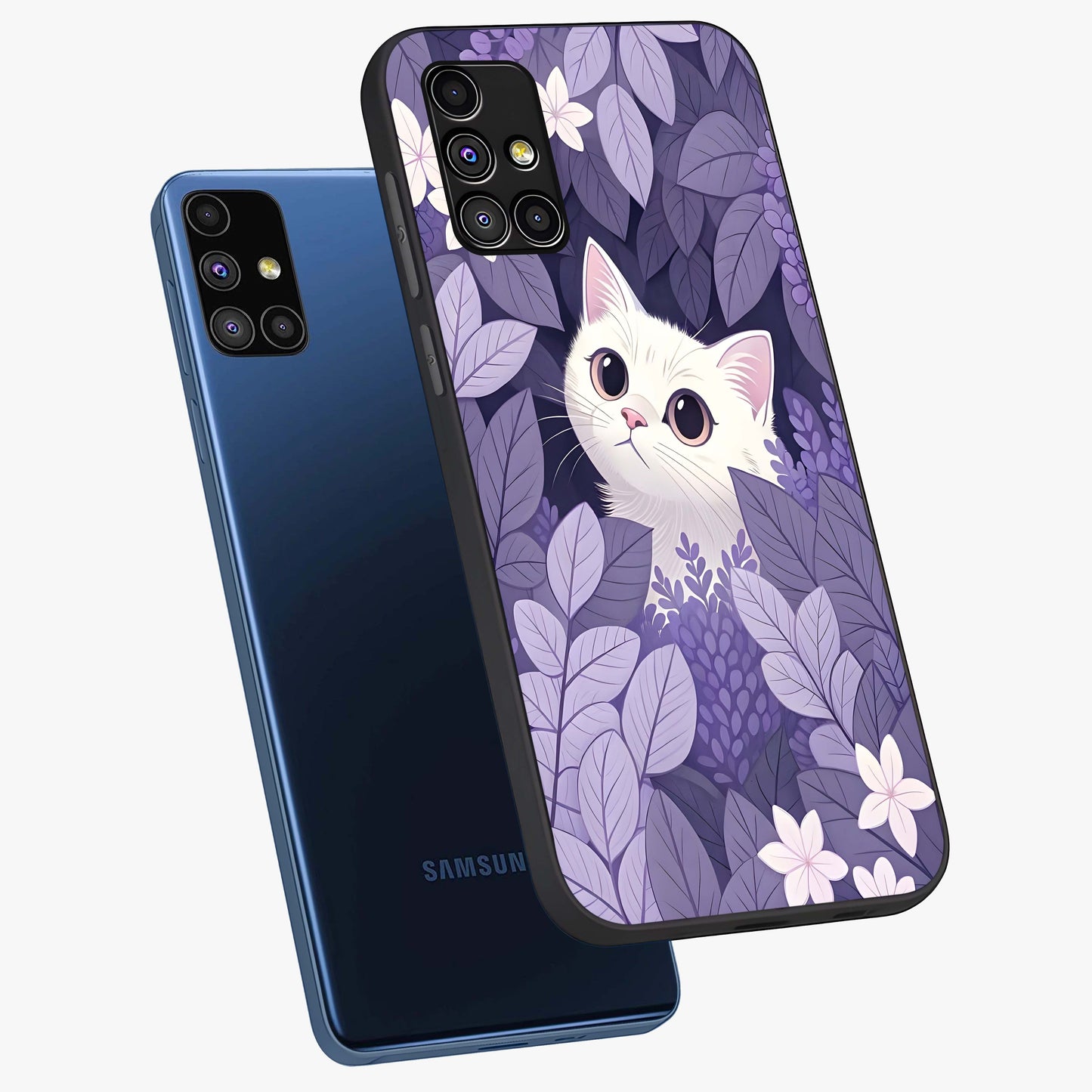 Lilac Hide Peek Cat Glass Case displayed in angled mockup highlighting playful feline illustration with lilac aesthetic design.