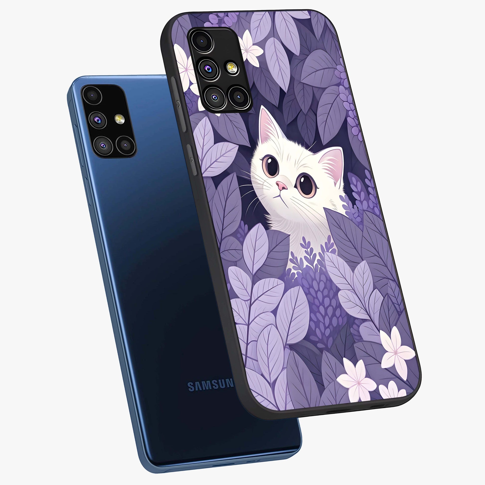 Lilac Hide Peek Cat Glass Case displayed in angled mockup highlighting playful feline illustration with lilac aesthetic design.