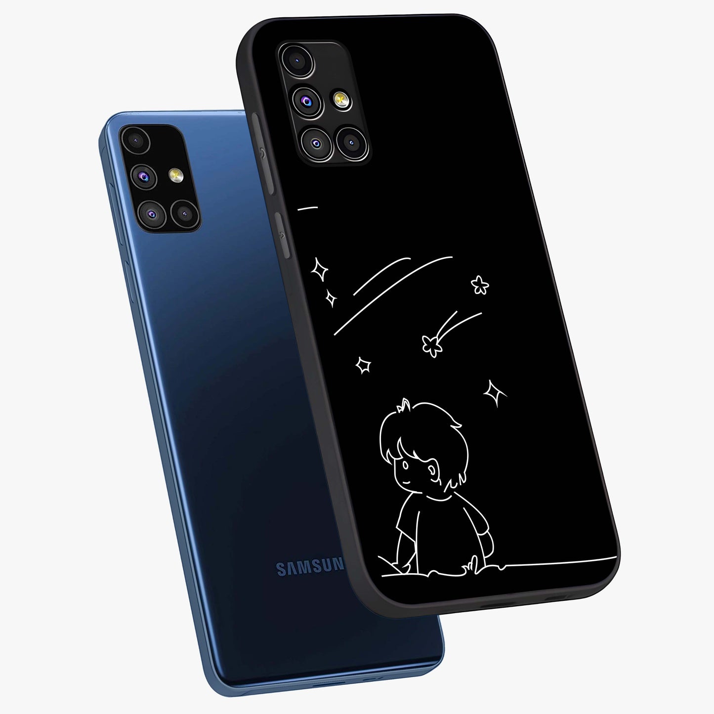 Line Art Boy With Shooting Stars Glass Case displayed in angled mockup highlighting elegant line art design with dreamy star aesthetic.