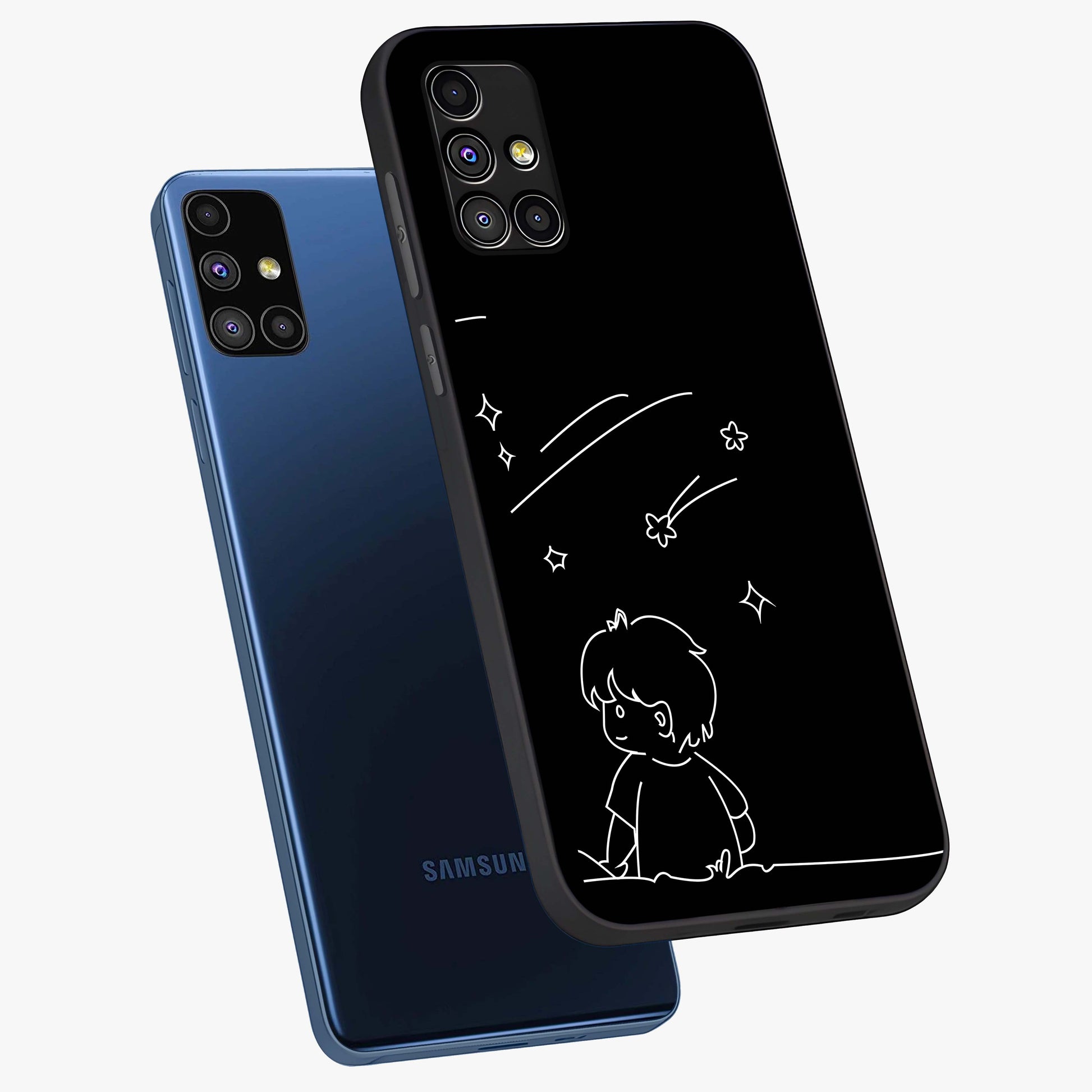 Line Art Boy With Shooting Stars Glass Case displayed in angled mockup highlighting elegant line art design with dreamy star aesthetic.