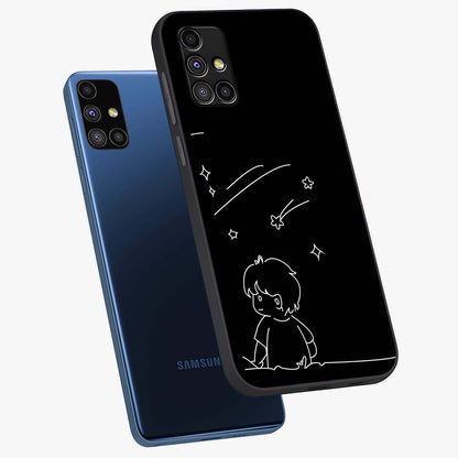 Line Art Boy With Shooting Stars Glass Case displayed in angled mockup highlighting elegant line art design with dreamy star aesthetic.