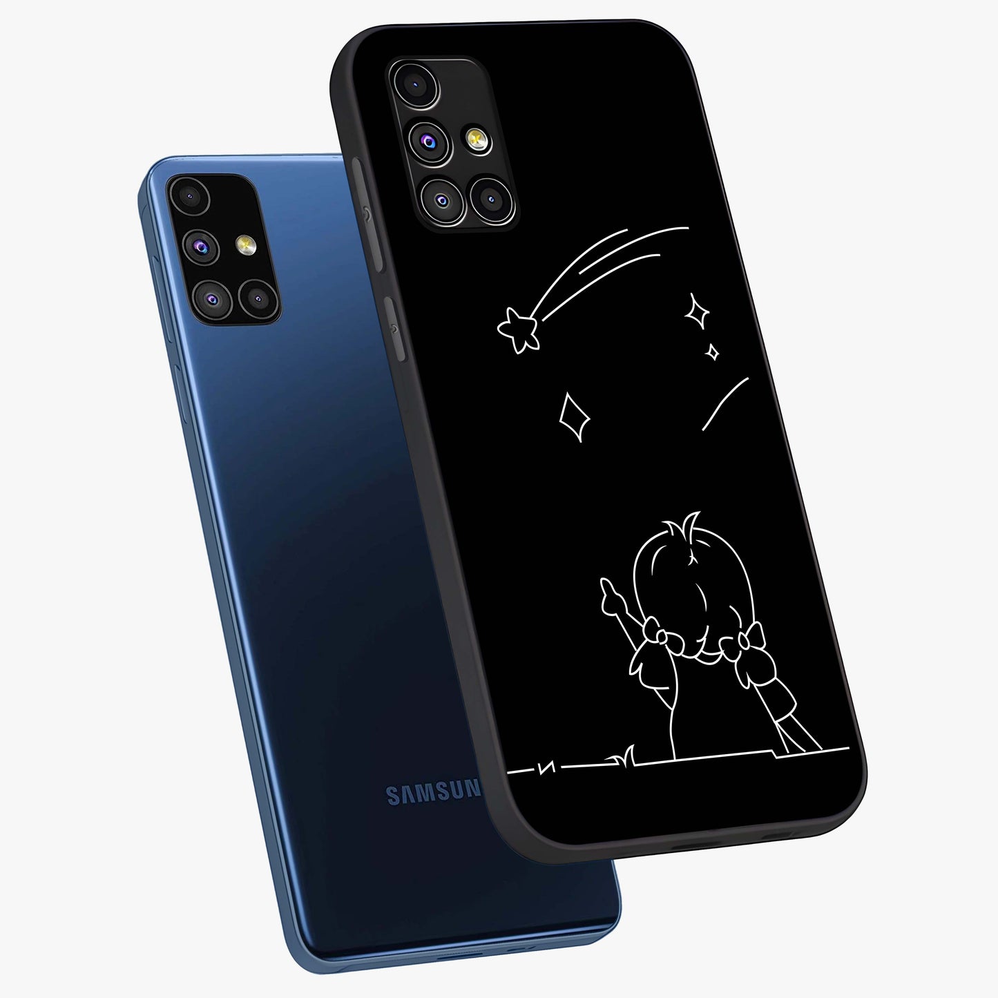 Line Art Girl With Shooting Stars Glass Case displayed in angled mockup highlighting elegant line art design with dreamy star aesthetic.