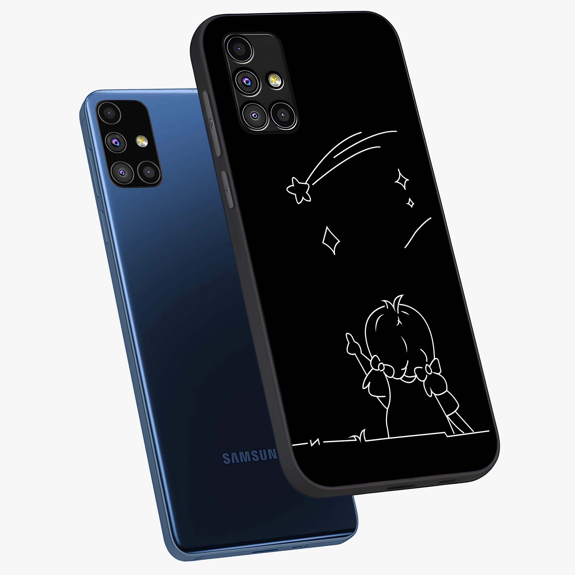 Line Art Girl With Shooting Stars Glass Case displayed in angled mockup highlighting elegant line art design with dreamy star aesthetic.