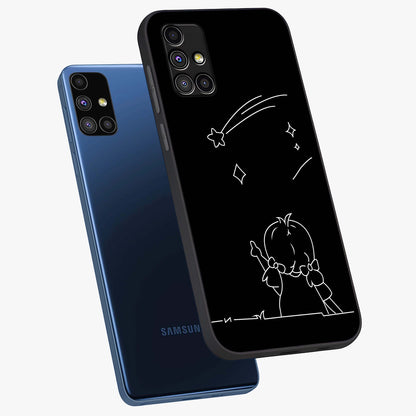 Line Art Girl With Shooting Stars Glass Case displayed in angled mockup highlighting elegant line art design with dreamy star aesthetic.