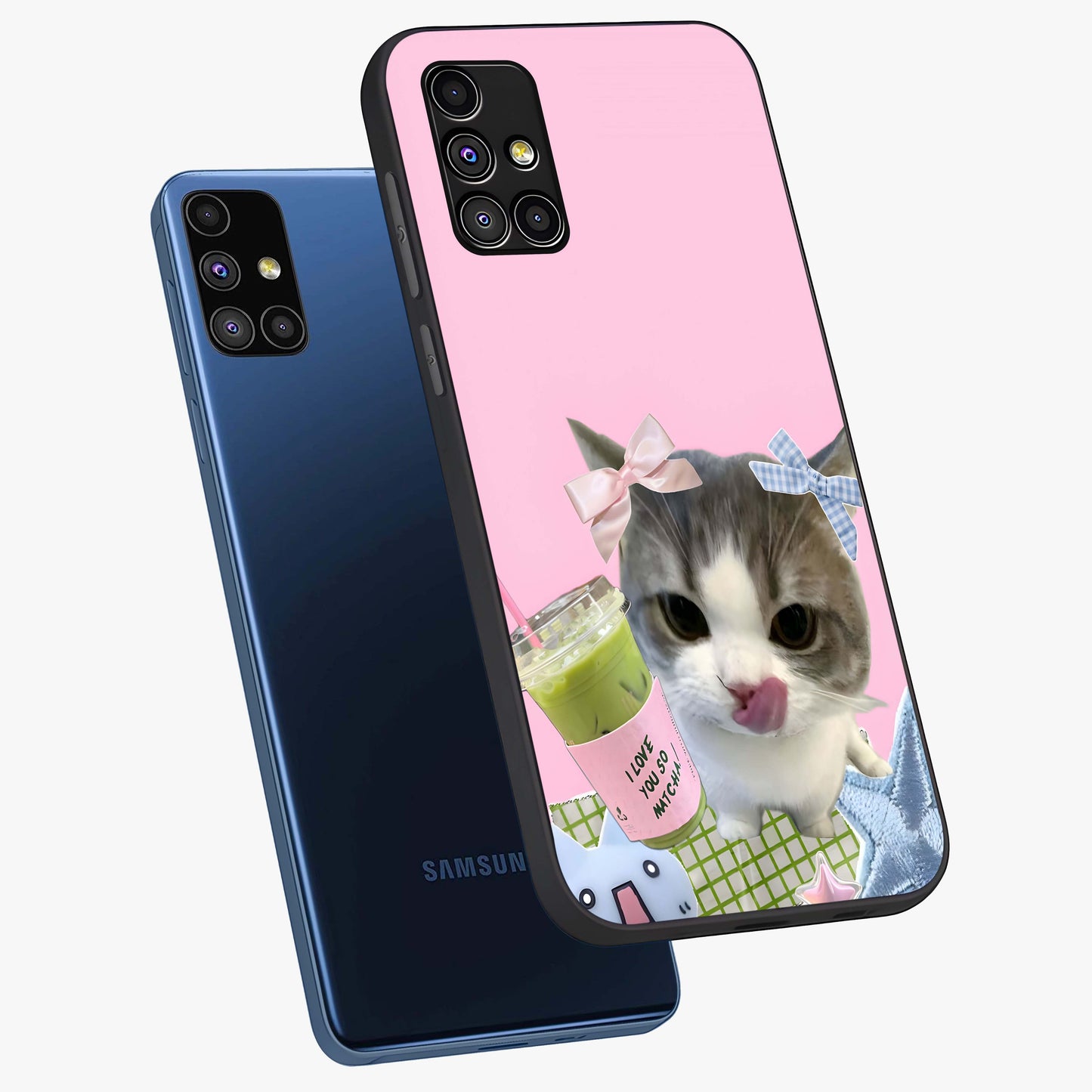 Love Matcha Cat Glass Case displayed in angled mockup highlighting playful feline illustration with cozy matcha aesthetic.