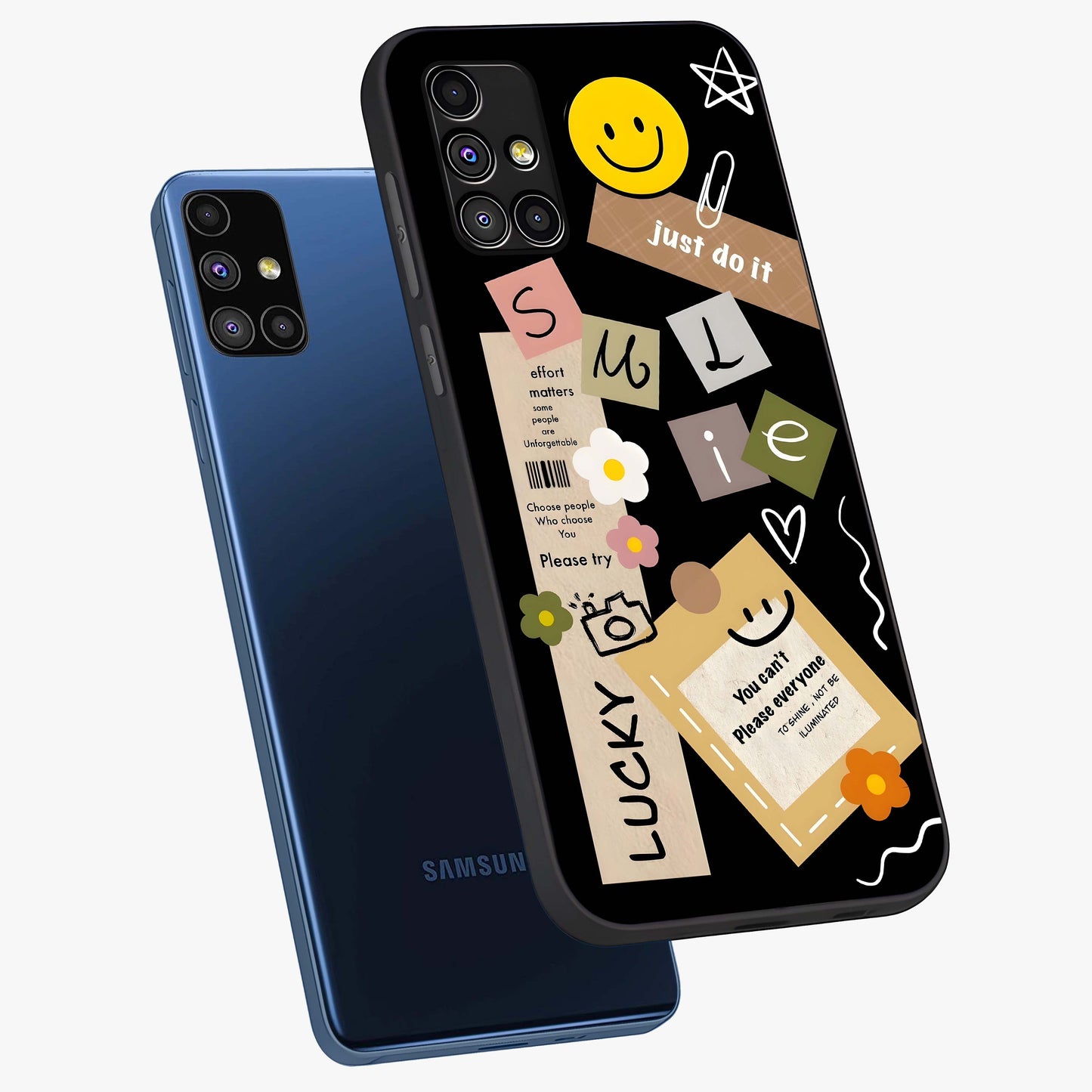Lucky Aesthetic Collage Glass Case displayed in angled mockup highlighting stylish collage pattern with modern aesthetic vibe.