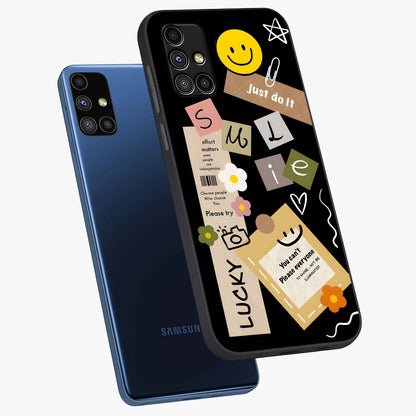 Lucky Aesthetic Collage Glass Case displayed in angled mockup highlighting stylish collage pattern with modern aesthetic vibe.