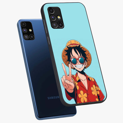 Luffy Summer Anime Vibe Glass Case displayed in angled mockup highlighting energetic anime illustration with summer vibe aesthetic.