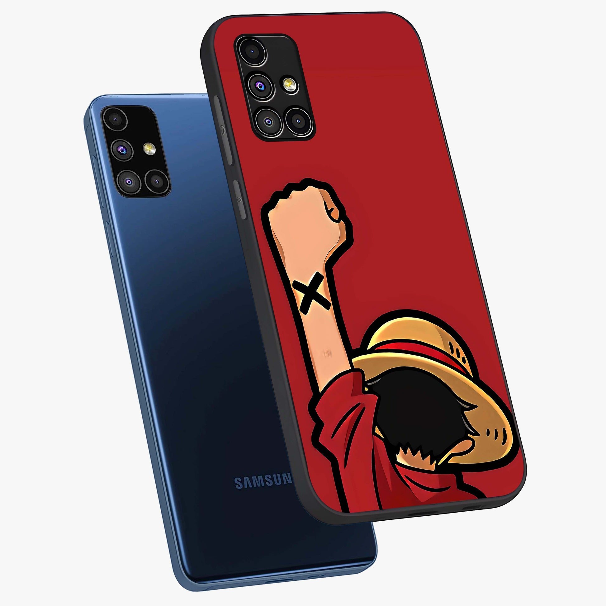 Luffy X Spirit Glass Case displayed in angled mockup highlighting powerful anime design with energetic action aesthetic.