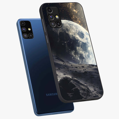 Lunar Horizon Glow Glass Case displayed in angled mockup highlighting celestial moon design with dreamy night aesthetic.