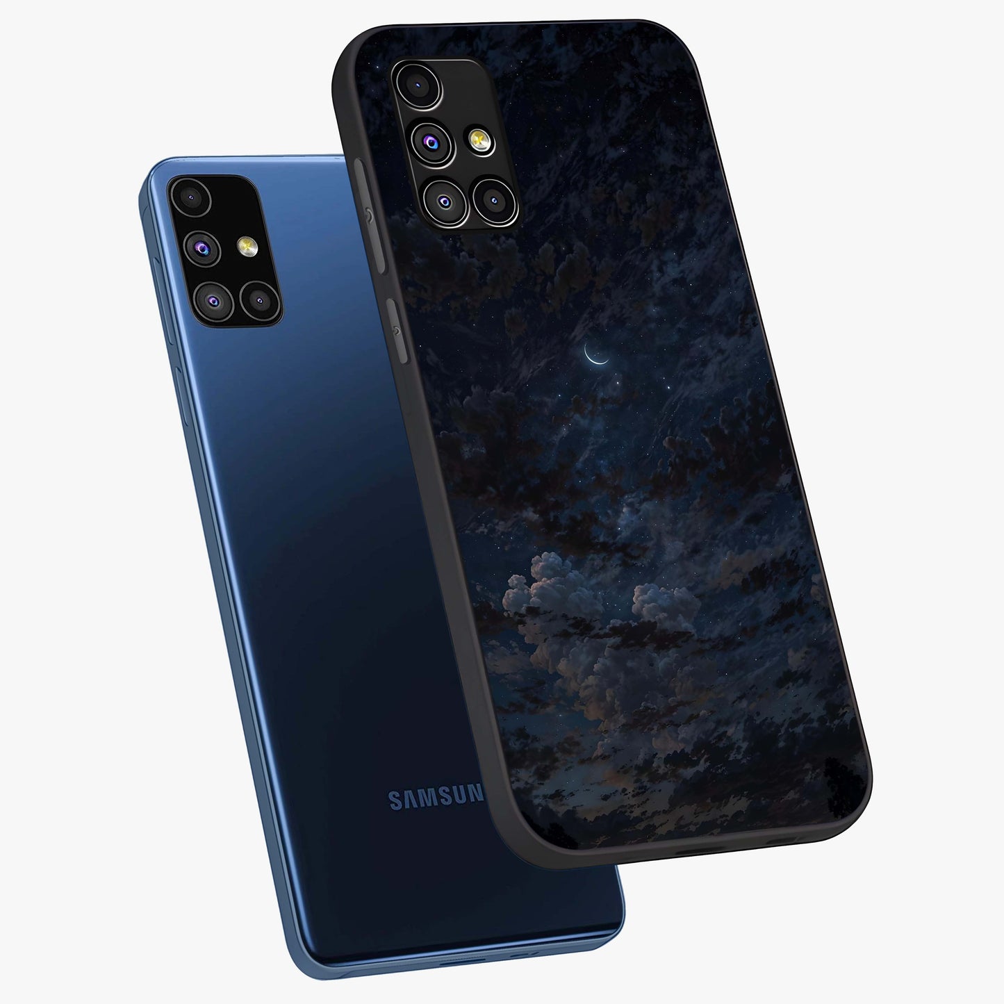 Lunar Veil Silence Glass Case displayed in angled mockup highlighting soft lunar design with peaceful celestial aesthetic.