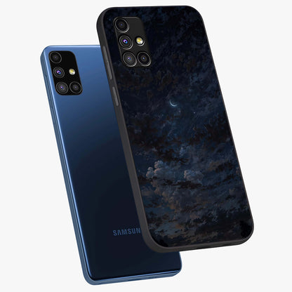 Lunar Veil Silence Glass Case displayed in angled mockup highlighting soft lunar design with peaceful celestial aesthetic.