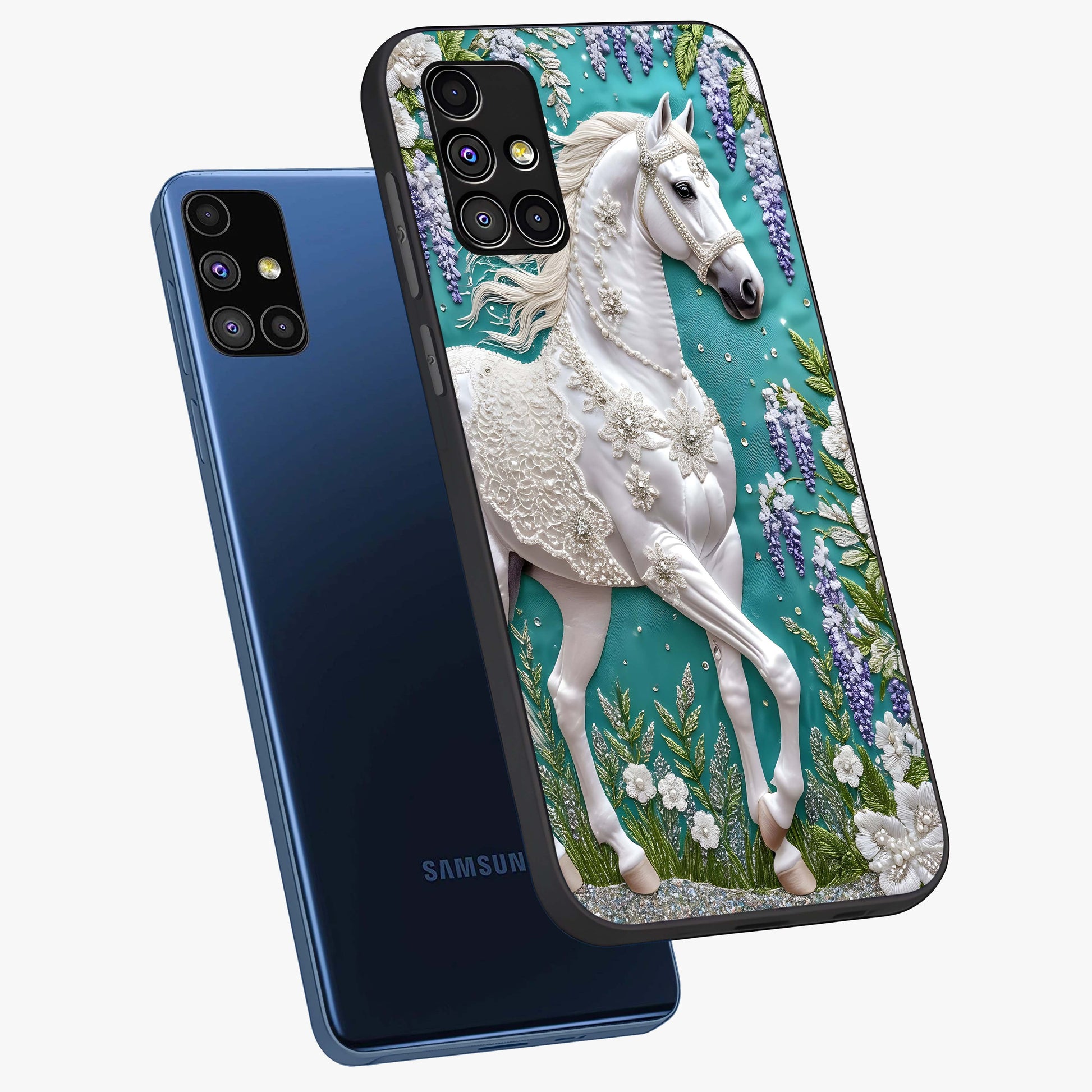 Majestic Floral Stallion Glass Case displayed in angled mockup highlighting majestic stallion illustration with elegant floral aesthetic.