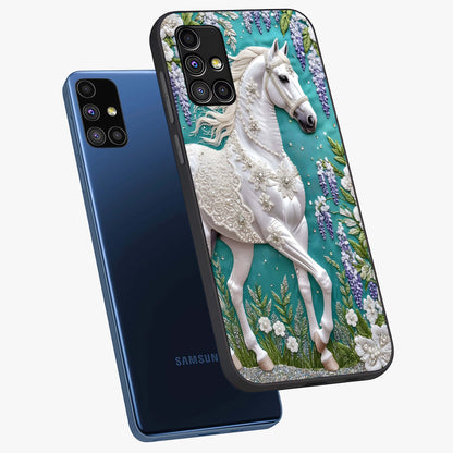 Majestic Floral Stallion Glass Case displayed in angled mockup highlighting majestic stallion illustration with elegant floral aesthetic.