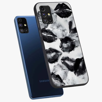 Midnight Kiss Marks Glass Case displayed in angled mockup highlighting playful romantic design with bold midnight aesthetic.