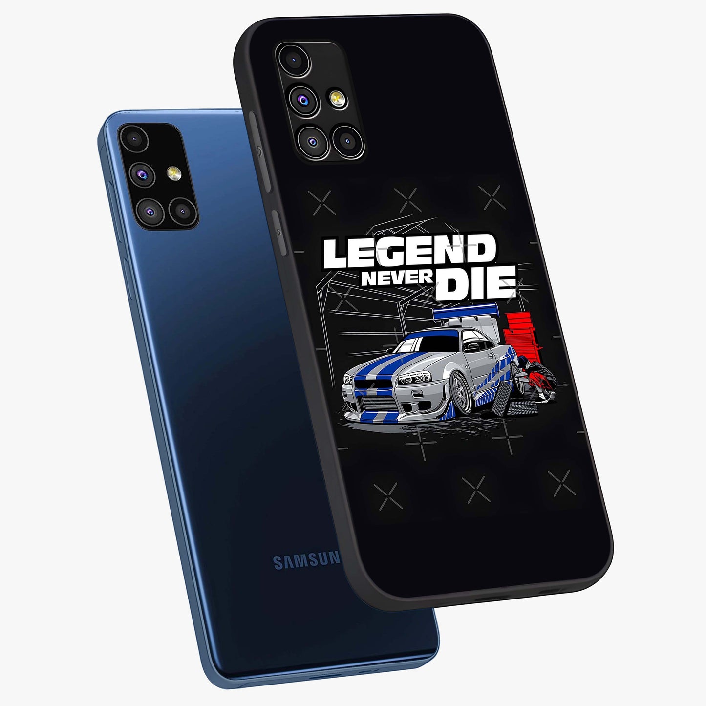 Midnight Racing Legacy Glass Case displayed in angled mockup highlighting dynamic automotive design with bold midnight aesthetic.