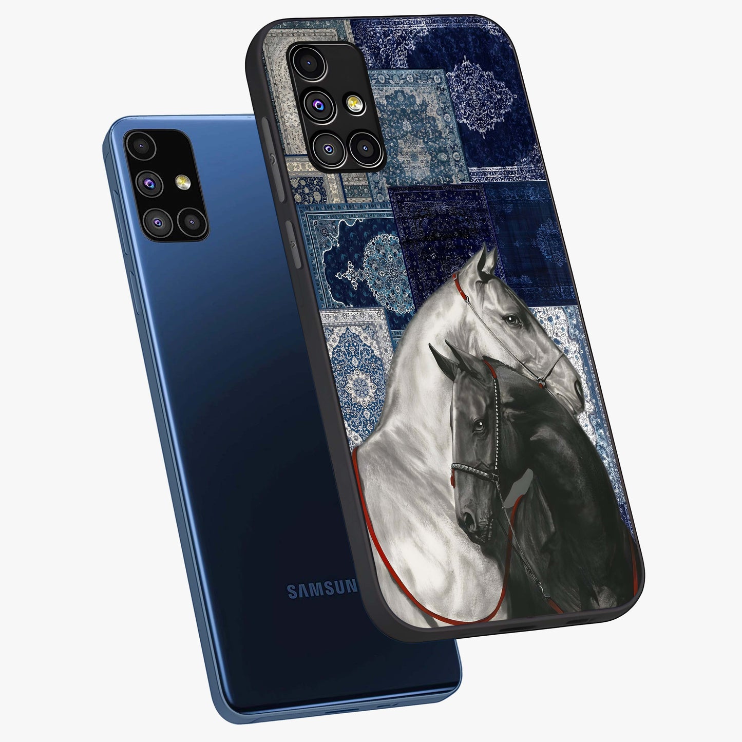 Midnight Stallion Blues Glass Case displayed in angled mockup highlighting powerful stallion illustration with deep midnight tones.