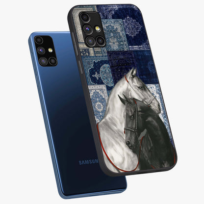 Midnight Stallion Blues Glass Case displayed in angled mockup highlighting powerful stallion illustration with deep midnight tones.