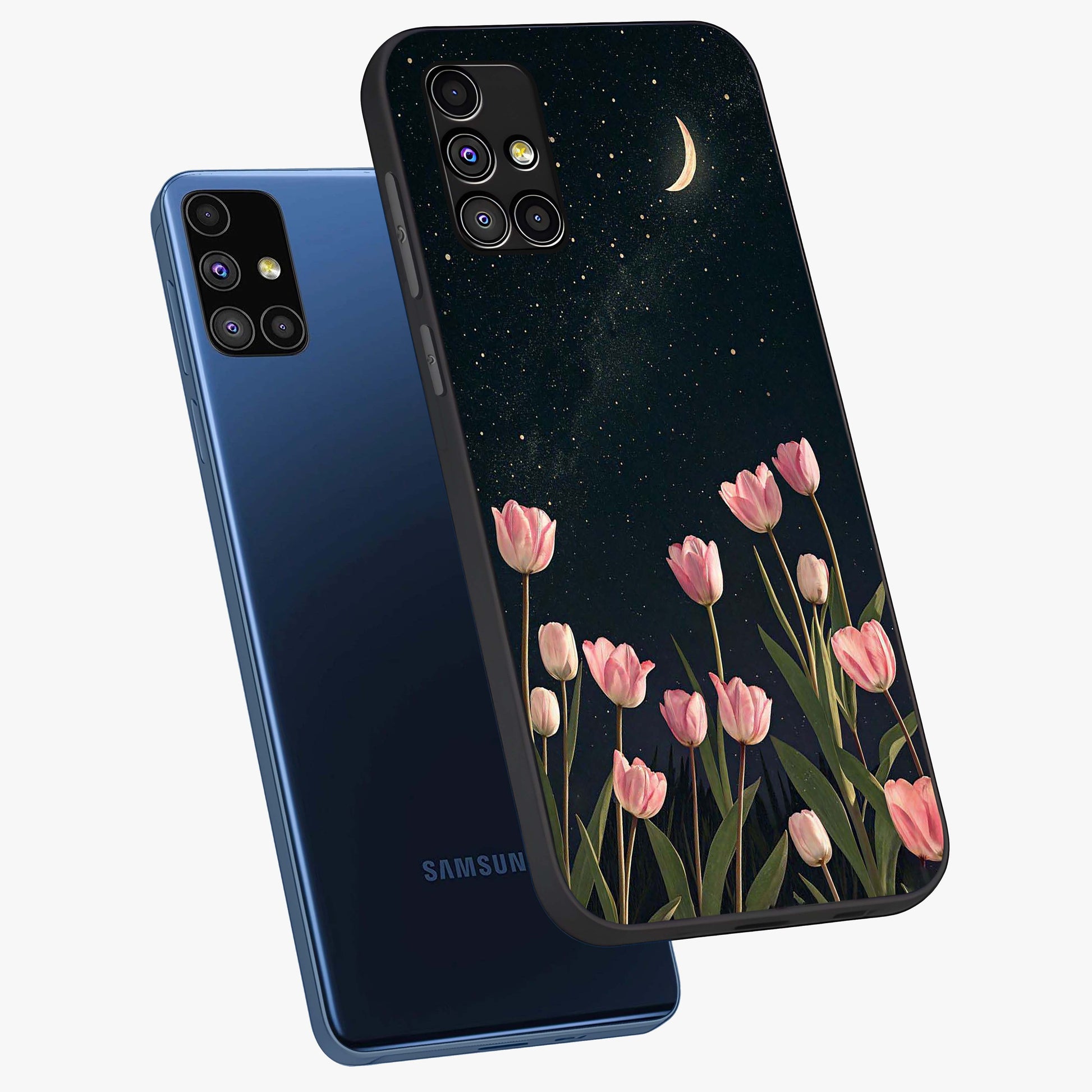 Midnight Tulip Whispers Vibe Glass Case displayed in angled mockup highlighting delicate tulip design with midnight floral aesthetic.