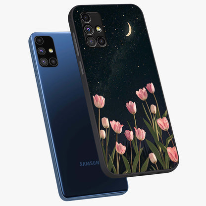 Midnight Tulip Whispers Vibe Glass Case displayed in angled mockup highlighting delicate tulip design with midnight floral aesthetic.