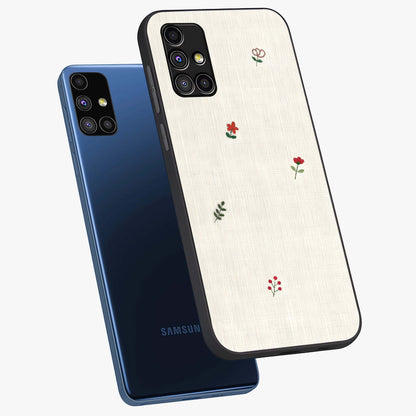 Minimalistic Blue With White Flower Pattern Glass Case displayed in angled mockup highlighting simple floral design with minimal aesthetic.
