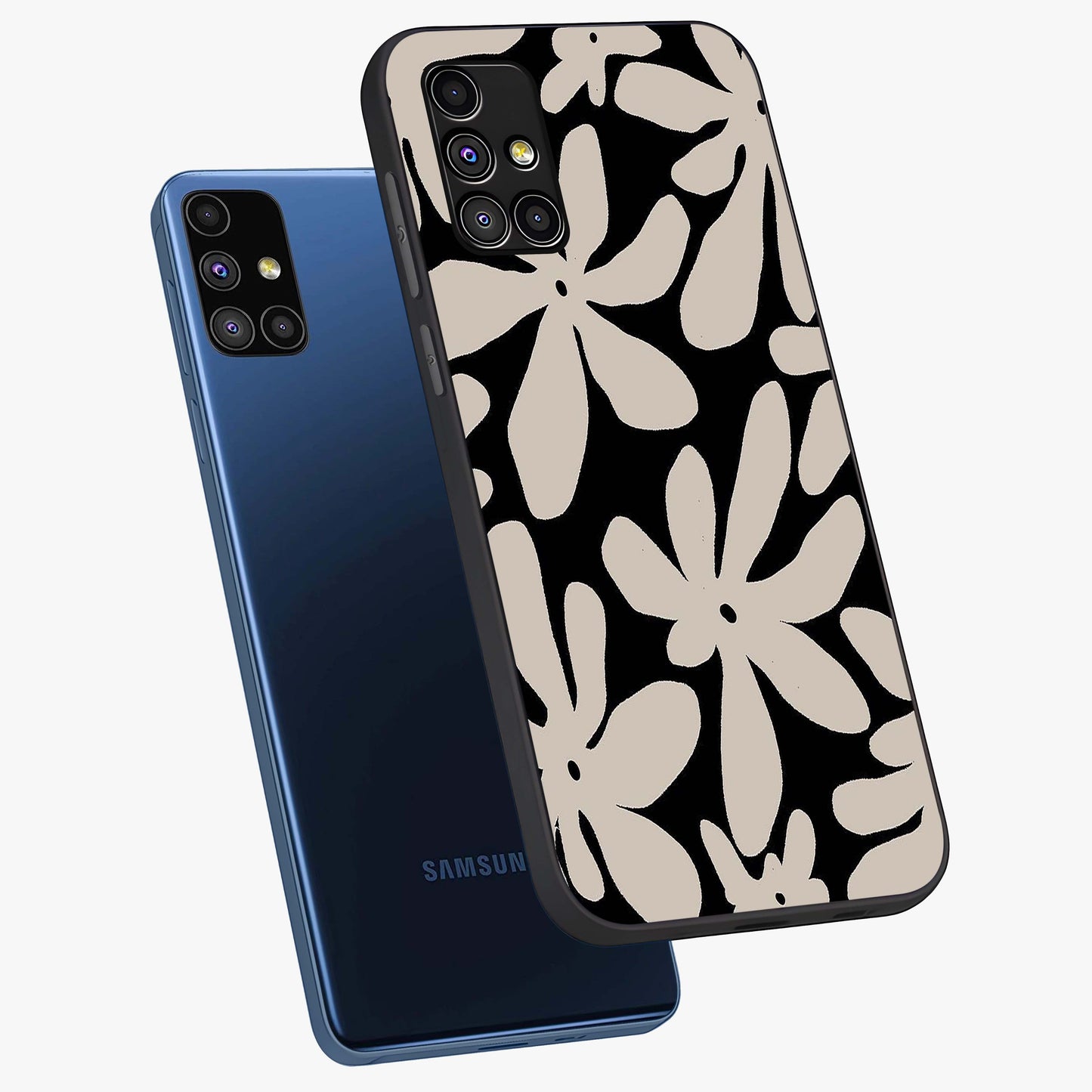 Monochrome Petal Dance Glass Case displayed in angled mockup highlighting elegant petal design with black and white aesthetic.