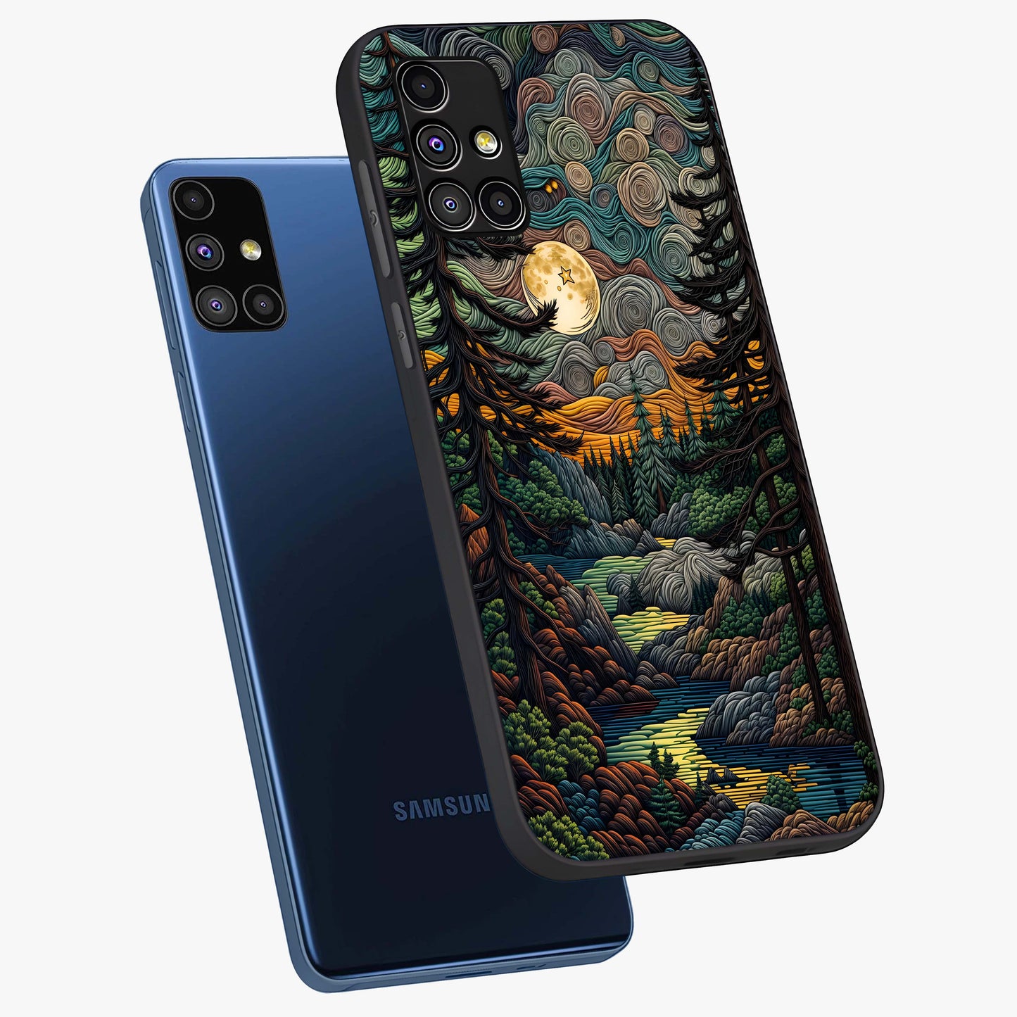 Moonlight Forest Dream Glass Case displayed in angled mockup highlighting dreamy forest design with glowing moon aesthetic.