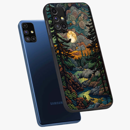 Moonlight Forest Dream Glass Case displayed in angled mockup highlighting dreamy forest design with glowing moon aesthetic.