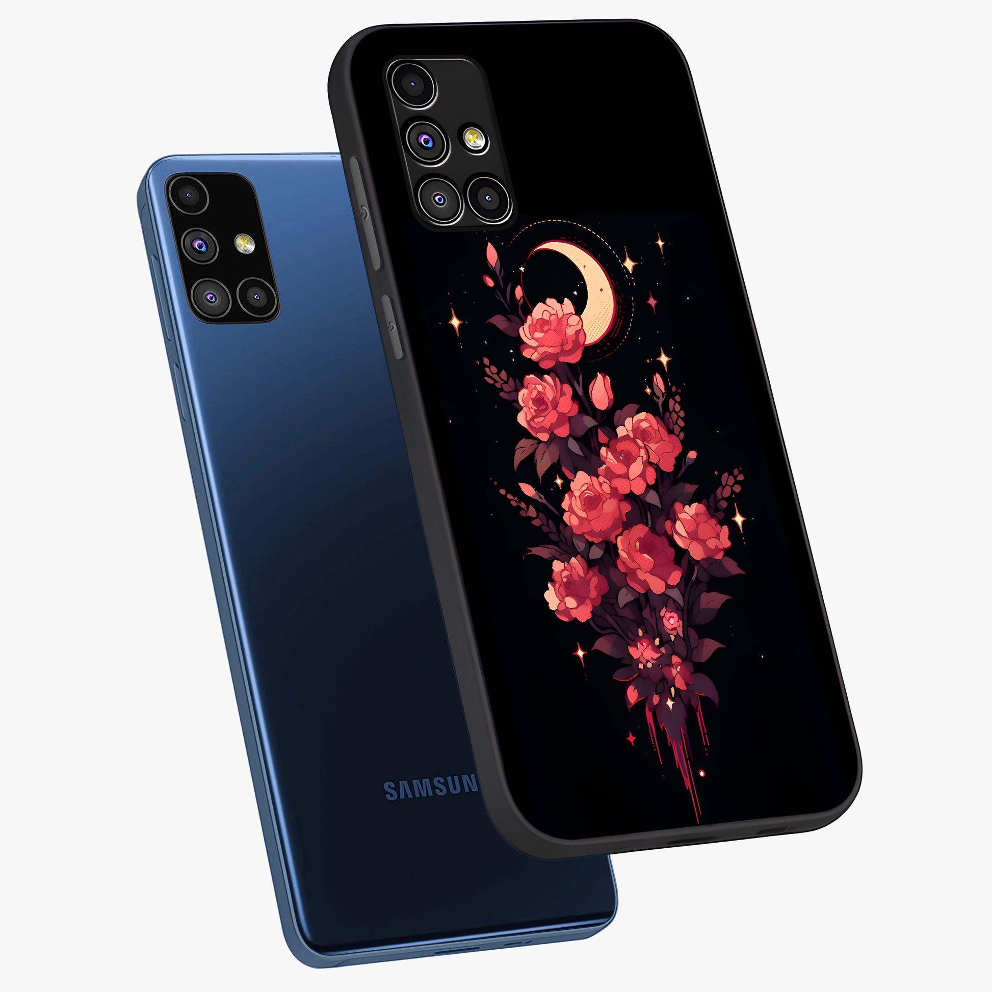 Moonlit Floral Elegance Glass Case displayed in angled mockup highlighting graceful flower design with soft moonlight aesthetic.
