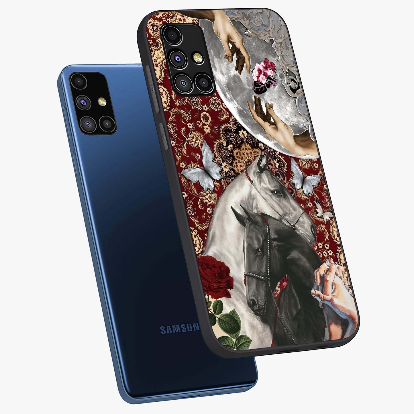 Moonlit Royal Stallion Glass Case displayed in angled mockup highlighting powerful stallion illustration with royal night aesthetic.