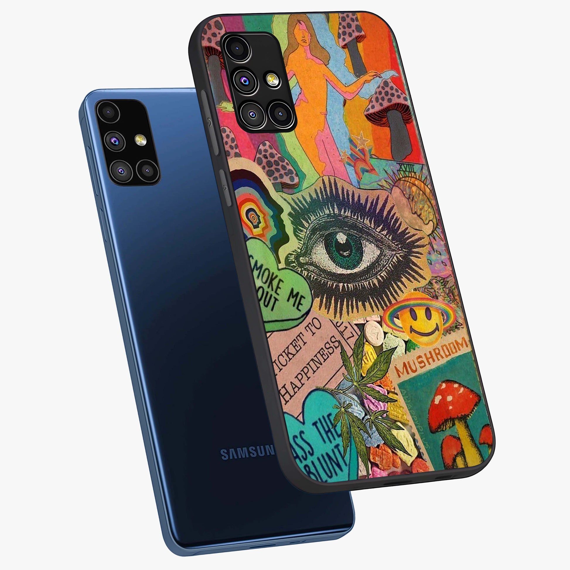Mystic Eye Wonderland Glass Case displayed in angled mockup highlighting magical eye illustration with dreamy aesthetic.